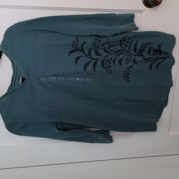 Eddie Bauer Size L 100% Cotton Teal with Flower Design Three Quarter Sleeves - Picture 1 of 3